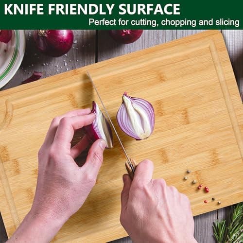 Bamboo Cutting Board Set of 3 - Durable Bamboo Cutting Boards with Deep Juice Grooves & Built-in Handles & Hanging Holes, Reversible Wooden Cutting Boards for Kitchen, Meat, Vegetables - Thumbnail 5