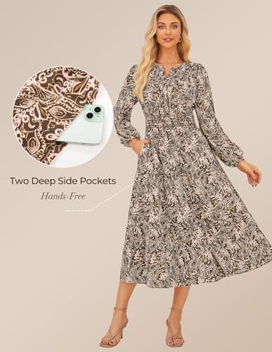 GRACE KARIN Long Sleeve Dress for Women 2026 Spring Wedding Guest Dress Floral Boho A Line Flowy Maxi Dresses with Pockets Brown 2XL - Thumbnail 4