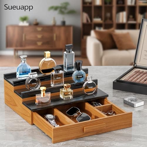 Sueuapp Solid Walnut Wood Cologne Organizer for Men,3 Tier Cologne Stand Display Shelf with Hidden Compartment and Drawer,Perfume Stand Organizer,Perfume Display Holder,Great Gift for Men Father - Thumbnail 6