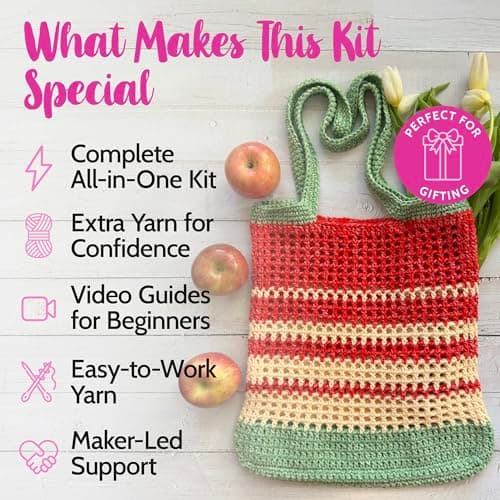 KnitPal Sunset Striped Market Bag Crochet Kit for Confident Beginners – Make a Reusable Market Bag & Lunch Tote – with Cotton Bliss Yarn (#4 Worsted), Hook, Patterns & Video Tutorials - Thumbnail 2