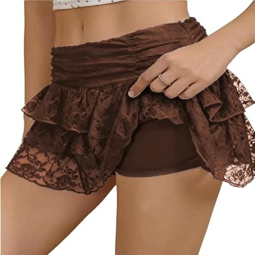 Women’s Lace Skirt, Y2K Lace Ruffle Layered Mini Skirt, A-Line Cute Tired Skorts, High Waist Cake Skirt XS-XL (US, Alpha, Medium, Regular, Regular, Brown)