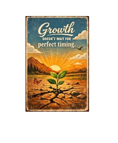 Growth Doesn’t Wait for Perfect Timing Tin Sign Inspirational Quote Metal Wall Decor Vintage Sunrise Plant Artwork Motivational Rustic Sign for Home Office Classroom Farm Garden 8x12 Inch - Image 1