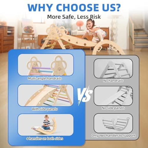 VENSEEN Baby Pikler Triangle Set with Cushion, 9-in-1 Foldable Wooden Climbing Toys for Toddlers, Indoor Montessori Jungle Gym Set for Kids Birthday Gift - Thumbnail 5