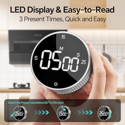 Digital Kitchen Timer with Magnetic, Large LED Display Countdown/Countup Timer, Pomodoro Preset 5/15/25 Mins, Volume & Brightness Adjustable for Cooking Baking Working Studying Silver - Thumbnail 3