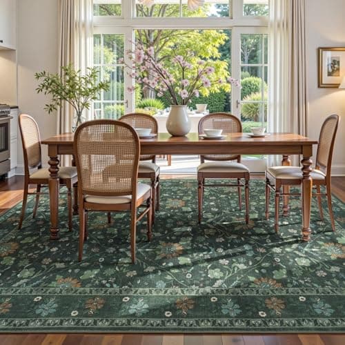 Vibrug 9x12 Area Rugs for Living Room, Floral Vintage Washable Rugs, Soft Boho Non-Slip Low Pile Carpets, Large Area Rug for Dining Room Bedroom Farmhouse Home Indoor Nursery, Dark Green - Thumbnail 4