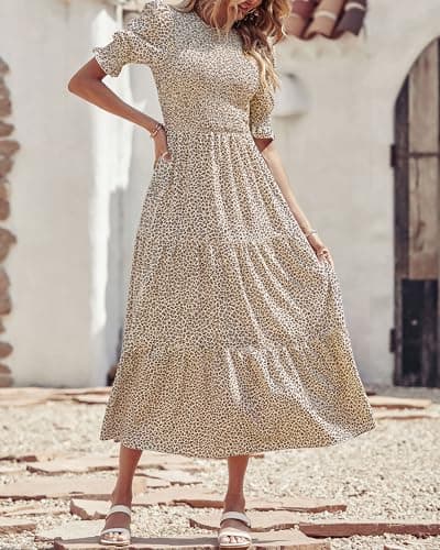 BTFBM Women Casual Summer Dresses 2025 Spring Crew Neck Ruffle Short Sleeve Floral Print Smocked Boho Flowy Maxi Dress(Dot Apricot Coffee, X-Large) - Thumbnail 3