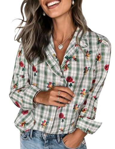 LOOKBOHO Women's Spring Blouse 2026 - Ruffle Collar Button Down Tops Dressy Elegant Plaid Retro Shirts for Casual, Office, Work, Everyday Wear Green Gingham X-Large - Image 1