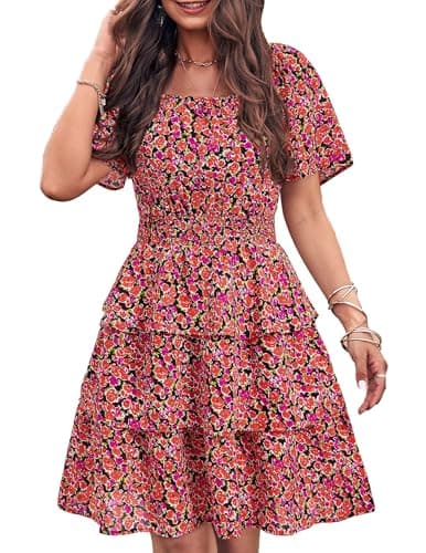 PRETTYGARDEN Women's 2026 Floral Summer Short Dress Square Neck Short Sleeve Tiered Ruffle Boho Swing Dresses (Black Orange Floral,Medium) - Image 1