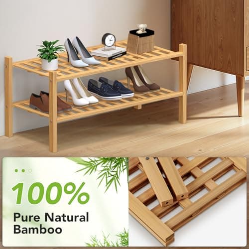 Haddockway 2 Tier Bamboo Shoe Rack Storage Organizer, Multifunctional Free Standing Stackable Shoe Shelf with Grid Panel for Closet,Hallway,Entryway,Small Space 27"x11"x13" - Thumbnail 5