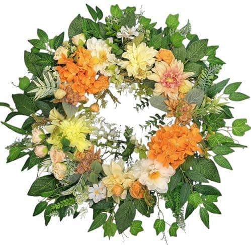 24" Large Orange Wreath for Front Door Outside Covered, Artificial Hydrangea Dahlia Peony Floral Wreath for Spring Summer, Modern Farmhouse Porch Wall Decor, Housewarming Gift - Image 1