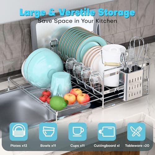 Azevix Large Dish Drying Rack, Expandable Dish Rack, 304 Stainless Steel Dish Racks for Kitchen Counter, Multifunctional Dish Drainers with Utensil Holder & Cutting Board Holder - Thumbnail 4