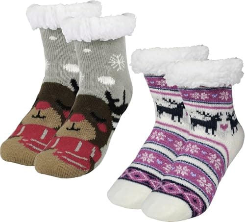 BenSorts Winter Thick Fuzzy Slipper Socks for Kids Christmas House Warm Cozy Girls Boys Socks Cute Holiday Gift Purple Grey Reindeer 2 Pairs 4 5 6 7 Years - Image 1