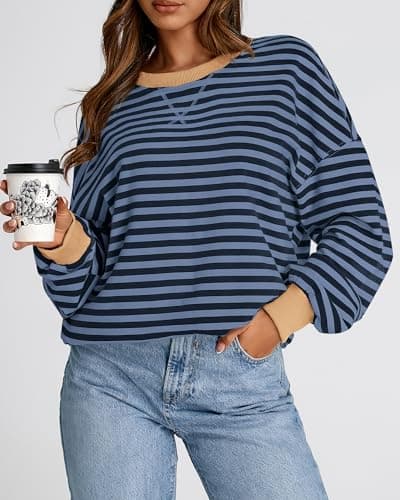 BTFBM Womens Oversized Striped Sweatshirt 2026 Spring Crewneck Long Sleeve Pullover Top Casual Y2K Clothes Workout Shirt(Blue Navy, Large) - Thumbnail 5
