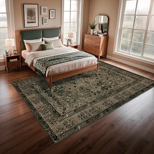 Boho Washable Rug for Living Room: Vintage 8x10 Area Rugs for Bedroom Soft Non Slip - Thin Stain Resistant Carpet for Dining Room Indoor - Dark Green - Thumbnail 5