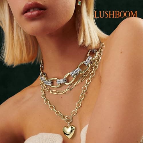 Lushboom 14K Gold Plated Two Tone Chunky Chain Necklace for Women | Trendy Silver Twist Chain Layering Link Necklaces Designer Dupes Jewelry - Thumbnail 4