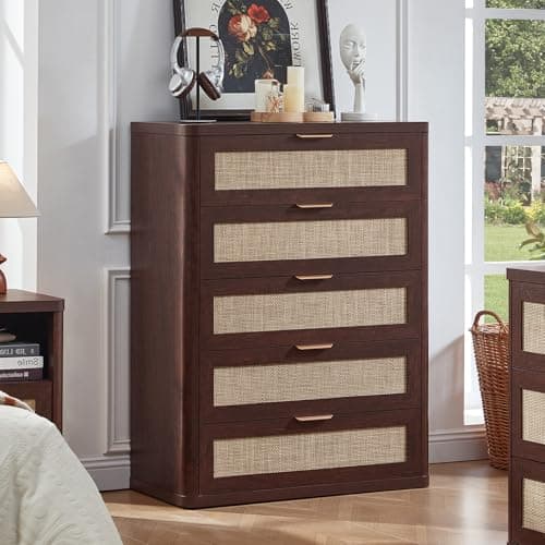 LEYAOYAO Rattan Dresser for Bedroom 41" Tall Chest of Drawers, Modern 5 Drawers Boho Dressers with Storage, Light Oak Dresser Wooden Closet Organizer for Living Room, Hallway, Retro Walnut - Image 1