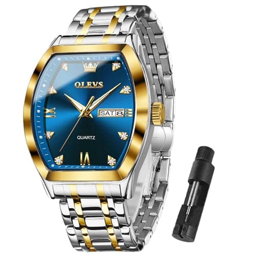 OLEVS Watches for Men Square Blue Face Silver and Gold Stainless Steel Dress Man Watch Luxury Two Toned Waterproof Wrist Watch Relojes para Hombres - Image 1