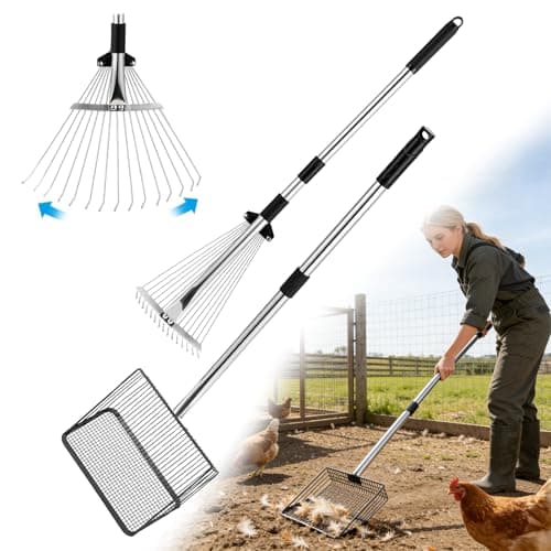 2pc Chicken Poop Scooper & Chicken Coop Rake, Lassume Adjustable 3-Length Cleaning Tools, Heavy Duty Chicken Coop Scooper & Manure Rake for Sand, Leaves, Animal Wastes (62"L Sifting Shovel,15"W Rake) - Image 1