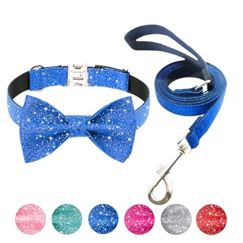 Jumpress Bling Bow Tie Dog Collar and Leash Set, Cute Blue Boy Dog Collar with Bow and 5ft Leash for Small Medium Dogs Daily Walking or Holiday Party (Neck fit 11-16’’)