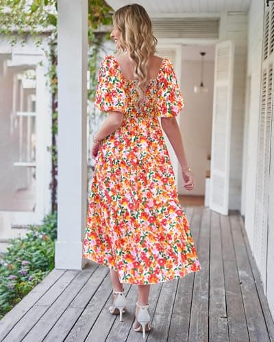 BTFBM Women's Clothing Spring Summer Dresses 2026 Beach Vacation Short Sleeve Smocked Back Boho Casual Floral Maxi Dress(Floral White Red, Medium) - Thumbnail 4