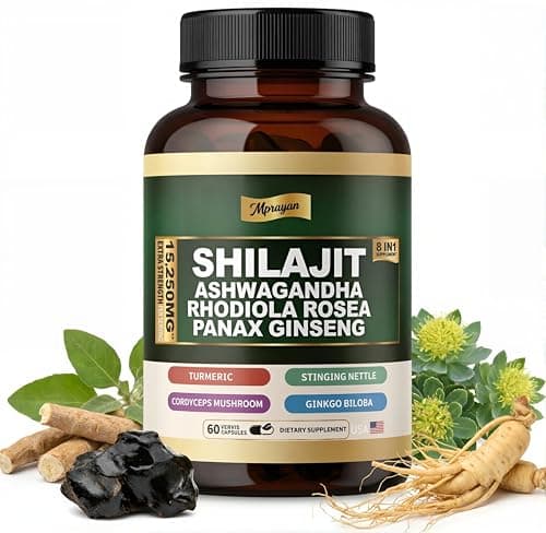 MPRAYAN Shilajit Ashwagandha Capsules – 8 in 1 Adaptogen Complex for Energy, Focus & Stress Support with Rhodiola Rosea, Panax Ginseng, Cordyceps – Natural Herbal Supplement | 60 Vegan Capsules - Image 1