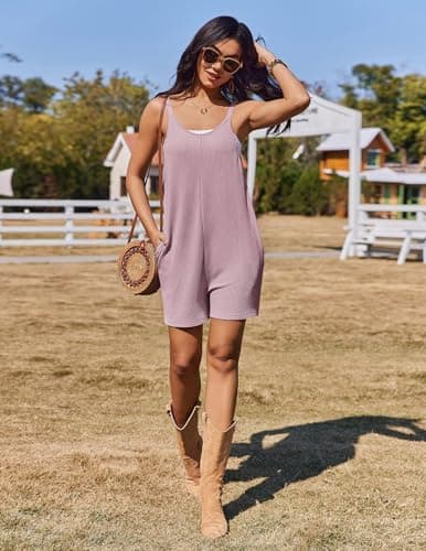 Ekouaer Rompers for Women Casual Loose Sleeveless Overalls Shorts Knit Jumpsuits 2026 Summer Vacation Beach Outfits with Pockets Purple 2XL - Thumbnail 2