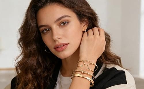 Alegend Bracelets Sets 14K Gold Plated Chic Stackable Bold Bangle Heart-Shaped Unique Four-Layered Design - Thumbnail 5