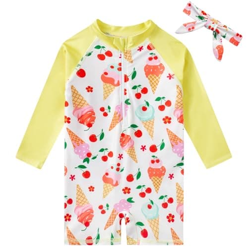 Funnycokid Toddler Bathing Suit Girl 12-18 Months Swimsuit Baby Rash Guard Ice Cream Long Sleeve Swimwear One Piece Yellow with Headband - Image 1