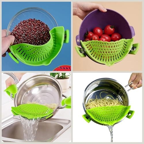 Clip On Strainer Silicone for All Pots and Pans, Pasta Strainer Clip on Food Strainer for Meat Vegetables Fruit Silicone Kitchen Colander (Green) - Thumbnail 4