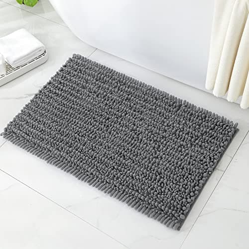 HOMEIDEAS Bathroom Rug 20x32 inch, Striped Chenille Super Soft and Absorbent Bath Mat with Non Slip Pad, Grey - Image 1