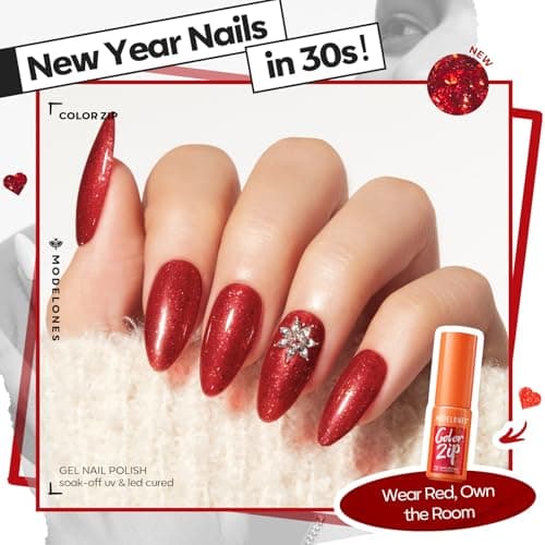 Modelones Red Glitter Gel Nail Polish Kit with UV Light, One Step Gel Polish Set No Need Base Top Coat, 3 in 1 Set Cherry Mocha Glitter Soak Off Led Nail Lamp Manicure DIY New Year Gift - Thumbnail 3