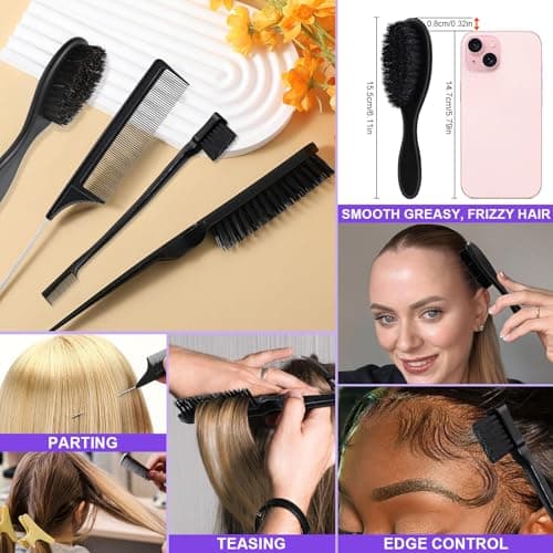 START MAKERS Hair Wax Stick and Slick Back Hair Brush Set for Women Kids Men 5PCS, with Edge Brush, Teasing Brush, Rat Tail Comb & Mini Boar Bristle Brushes for Flyaways, Control, Sleek, Ponytail Buns - Thumbnail 4