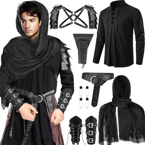 Fasouna 7 Pcs Men's Renaissance Costume Set Medieval Pirate Shirt Viking Shawl Belt Shoulder Armor Sword Bag for Halloween Cosplay - Image 1