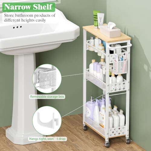 MJIMKE Utility Slim Rolling Storage Cart with Wheels, 4 Tier Narrow Metal Kitchen Cart Bathroom Laundry Room Organization Trolley with Wood Rack and Removable Mesh Basket for Small Space, 7.1IN White - Thumbnail 6