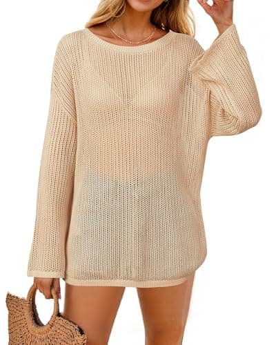 Arach&Cloz 2025 Women's Lyocell Linen Summer Fall Lightweight Oversized Swimsuit Cover Up Off Shoulder Crochet Tops Long Sleeve Boat Neck Shirts Loose Beach Vacation Outfits Casual Cute Apricot M - Image 1