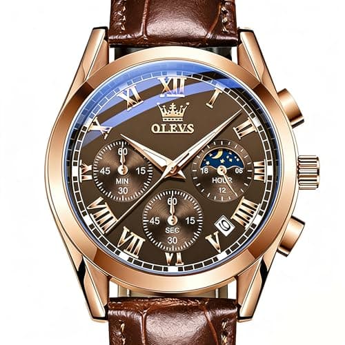 OLEVS Mens Watches Casual Brown Leather Mens Watch Rose Gold Analog Waterproof Chronograph Watch for Men Classic Vintage Quartz Date Moon Phase Men's Wrist Watches Reloj para Hombre - Image 1