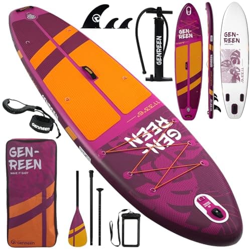 Genreen Paddle Board Stand Up Inflatable SUP Newly Improved 400LBS EVA 0.5cm 3 Fins Quality Inspection5 for Japanese Customers Ultra Stable 11'33"6" Monstera Red Violet Peru - Image 1