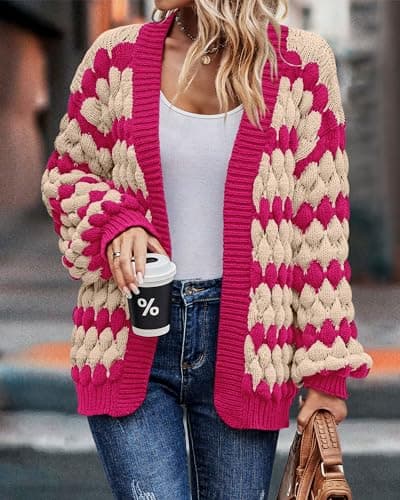 KIRUNDO Womens Cardigans Cute Color Block Stripe Long Sleeve Cardigan Sweaters Crochet Chunky Knit Sweater Outwear Trending Clothes for Women 2026 Hot Pink Outfits(Rose Red, Medium) - Thumbnail 3