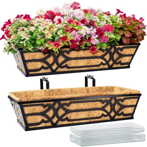 Railing Planter Box,Window Boxes Planters for Outdoor 2 Pack 24 Inch Hanging Planter with Adjustable Brackets and Plastic Trays for Water Storage, Fence Flower Baskets with Coco Liners for Porch,Deck - Image 1