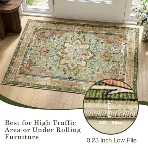 Cnythlis Vintage Area Rug, 6'x9' Washable Rugs, Stain Resistant Anti Slip Backing, Low Pile Farmhouse Indoor Carpet for High Traffic Areas, Sage Green Brown - Thumbnail 6