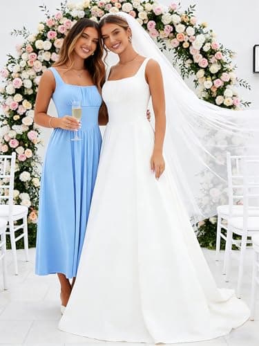 YATHON Ruched Dresses for Women Casual Summer Drop Waist Sleeveless Maxi Dress Light Blue Sundresses Midi with Pockets(YT645-Gary Blue,S) - Thumbnail 2