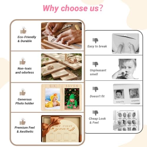 DegoCyhton My First Year Photo Frame, Wooden 12 month picture frame for baby first year, Easy Photo Insert, Smooth Safe Edge, With Hang Hooks, For 0-12 Month Newborn, Baby Birthday Keepsake Gift - Thumbnail 2