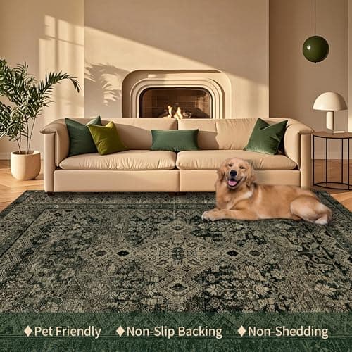 Boho Washable Rug for Living Room: Vintage 8x10 Area Rugs for Bedroom Soft Non Slip - Thin Stain Resistant Carpet for Dining Room Indoor - Dark Green - Thumbnail 6