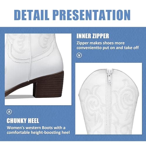 Vepose Women’s White Cowboy Mid Calf Boots, Cowgirl Western Embroidered Chunky Low Heel 9800 Boots with Zipper, Size 11M US, (CJY9800 White 11) - Thumbnail 4