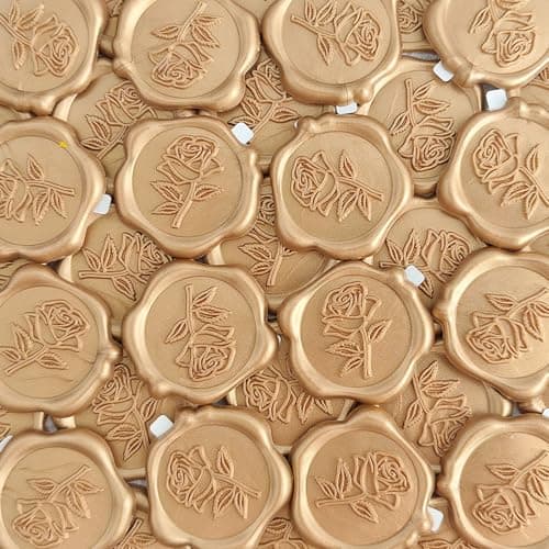 Pilloze Wax Seal Stickers - 3D Rose Wedding Invitation Envelope Botanical Seal Stickers, 50 Pcs Self- Adhesive Light Gold Stickers, Perfect for Invitation, Christmas, Gift Wrapping, Wedding, Party - Image 1