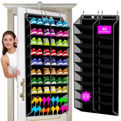 Heavy-Duty, over the door shoe organizer, Extra-Wide Large, shoe organizer, Holds 30 Pairs & Supports 100lbs, shoe rack, with Reinforced Grommets & Bamboo Rods, Fits Men's Size 12 & Boots, Black - Image 1
