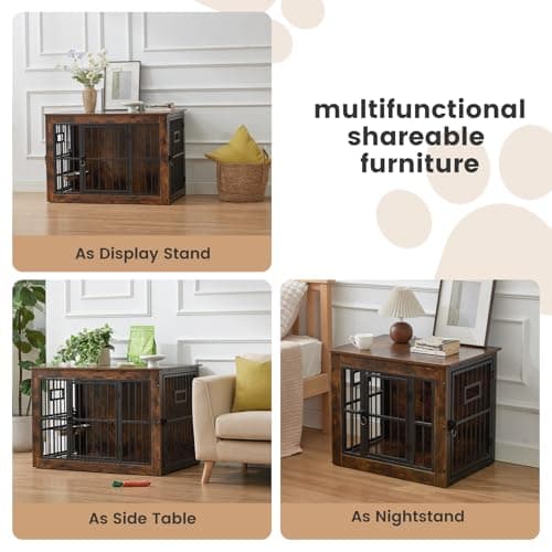 32 Inch Heavy Duty Dog Crate Furniture for Medium/Small Dogs, Decorative Pet House End Table with 3 Doors & Adjustable Bowls, Wooden Cage Kennel Furniture Indoor, Rustic Brown - Thumbnail 6