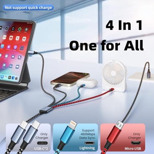 Dual Type-C Ports USB Multi Charging Cable Cord, 4 in 1 Charging Cables for Multiple Devices, Multi Charger Phone Charger Cord with iPhone 17/IP/Micro Port for iPhone 16-12/Android/iPad(5FT 2Pack) - Thumbnail 2