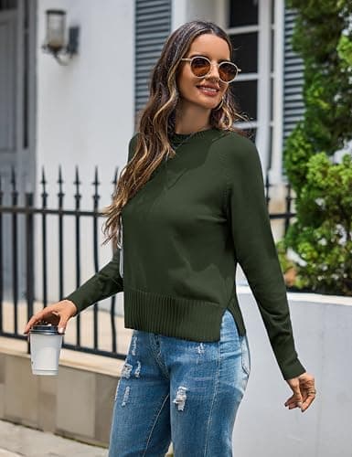 Totatuit Womens 2025 Trendy Cropped Sweater with Split Hem Casual Mock Neck Ribbed Knit Pullover Jumper Tops Holiday Travel Clothes Olive Green Large - Thumbnail 3