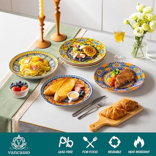 vancasso Bohemian Dinner Plates Set of 6, 10.5 Inch Ceramic Kitchen Plates for Dinner, Colorful Printed Dishes for Dining, Microwave & Dishwasher Safe Plate Set, Series KRVI - Thumbnail 3